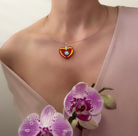 Heart Pendant with see green center over Venetian Red glass, and gold detail